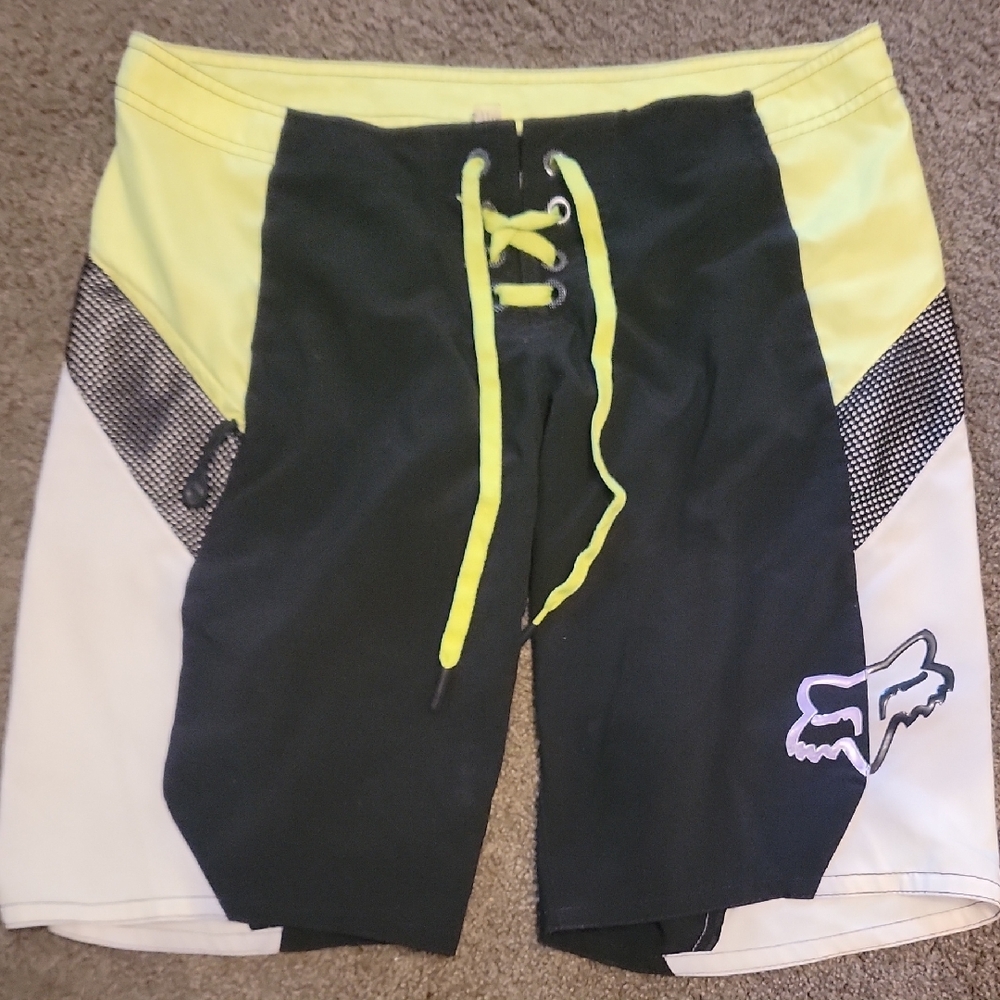 Fox Black and Flourescent Yellow Ladies' Board Shorts Y2K Vintage